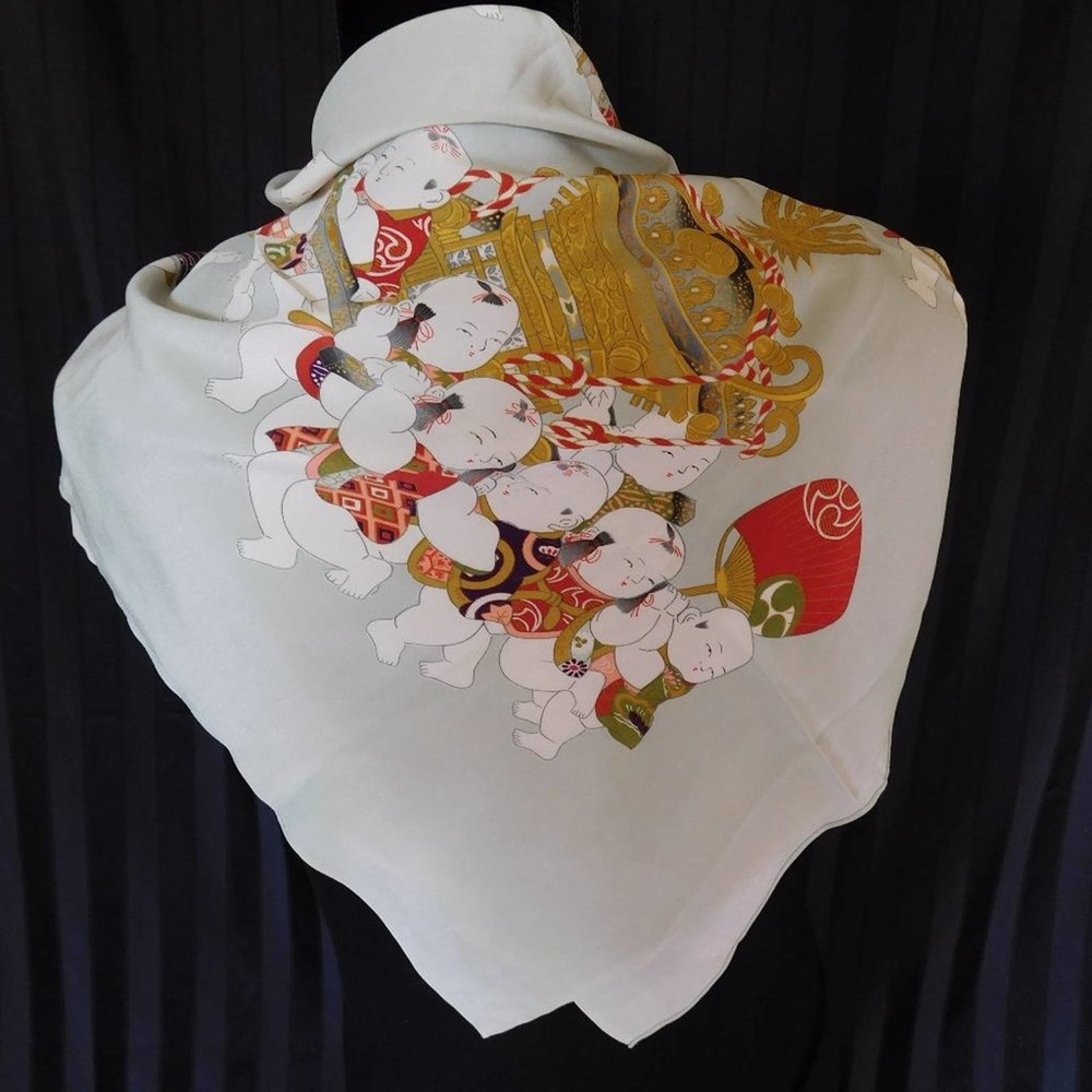 VINTAGE JAPANESE PRINT SILK SCARF - Picture 1 of 7